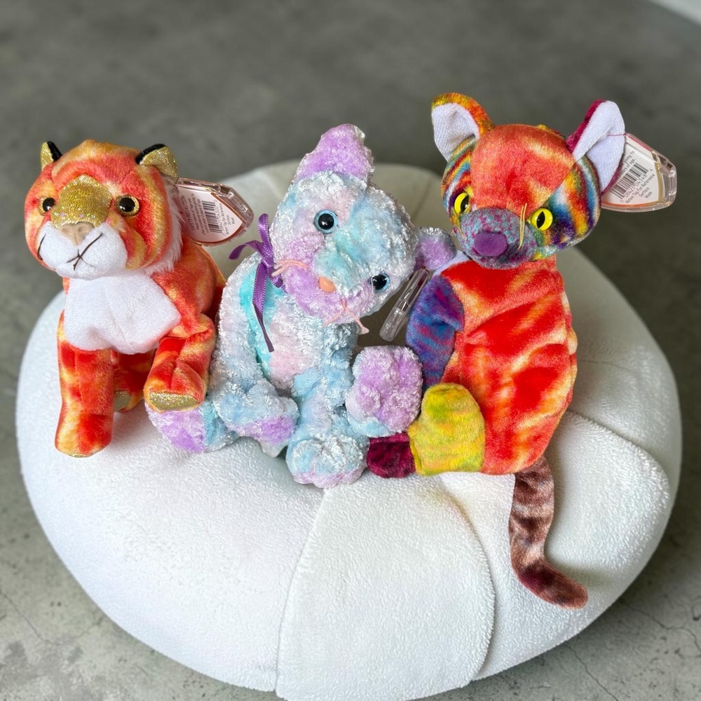 Weird Kitties Beanie Babies Bundle! Kaleidoscope, Kooky, Stripes (Zodiac)